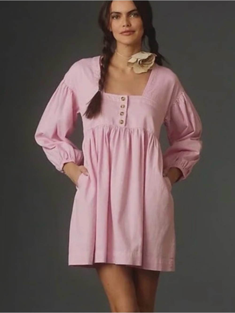 Anthropologie Pink Square-Neck Babydoll Dress with Button Detail